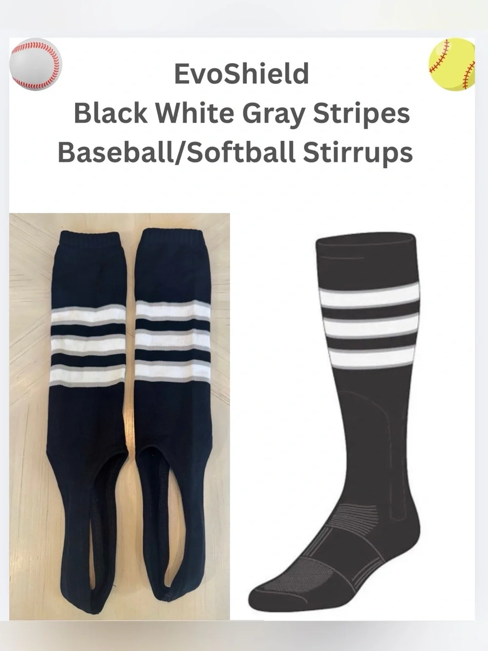 EvoShield Baseball Softball Stirrups Black White Gray Stripes - Adult New